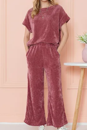 Rose Pink Mineral Wash Corduroy Short Sleeve Top and Crop Pants Set