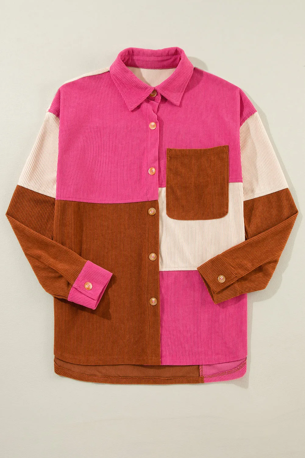 Rose Red Color Block Curved Hem Pocket Shacket