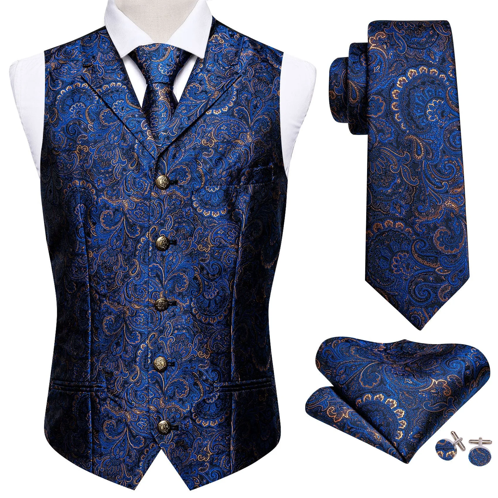 Royal Blue Paisley Metal Button Jacquard Silk Men's Vest Hanky Cufflinks Tie Set