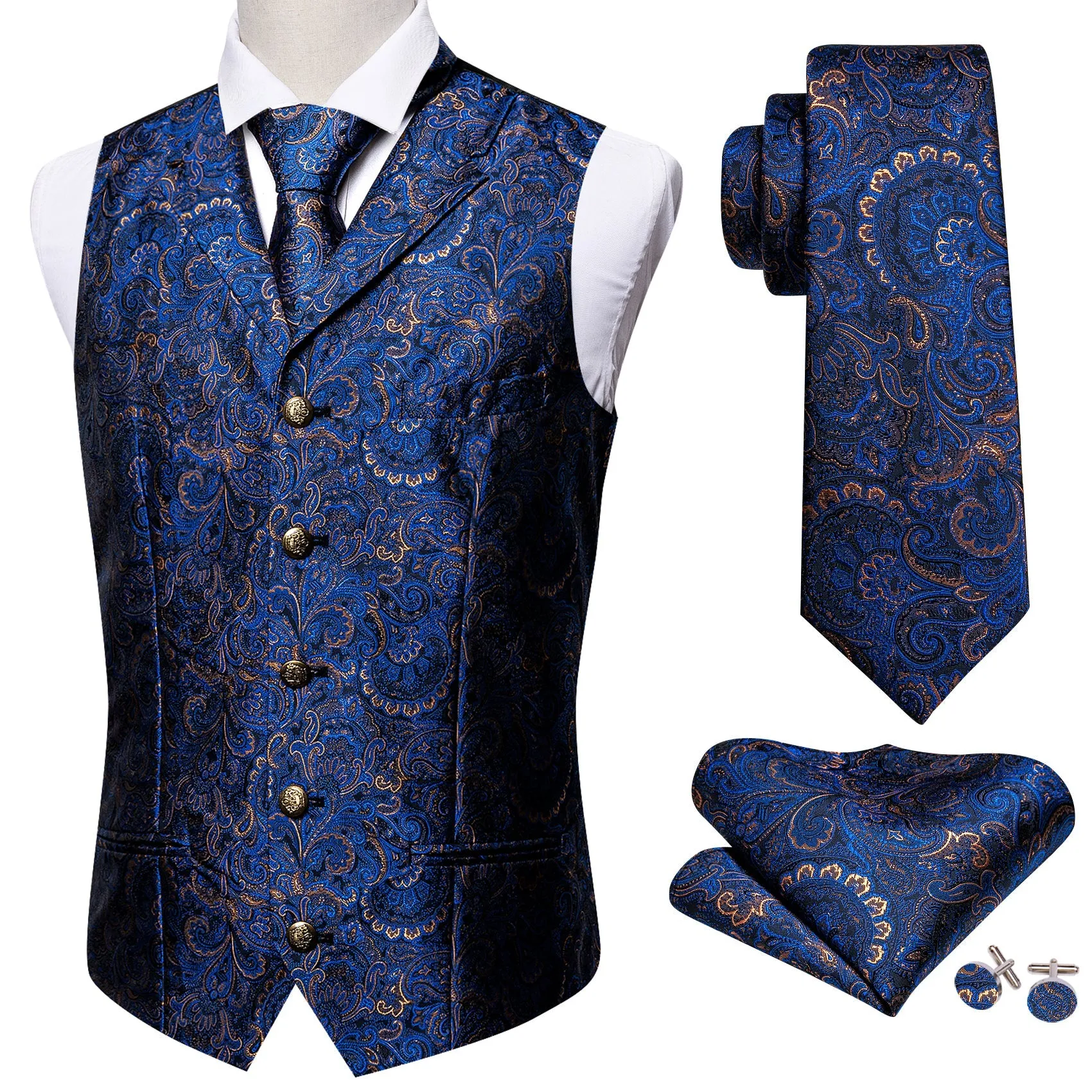 Royal Blue Paisley Metal Button Jacquard Silk Men's Vest Hanky Cufflinks Tie Set