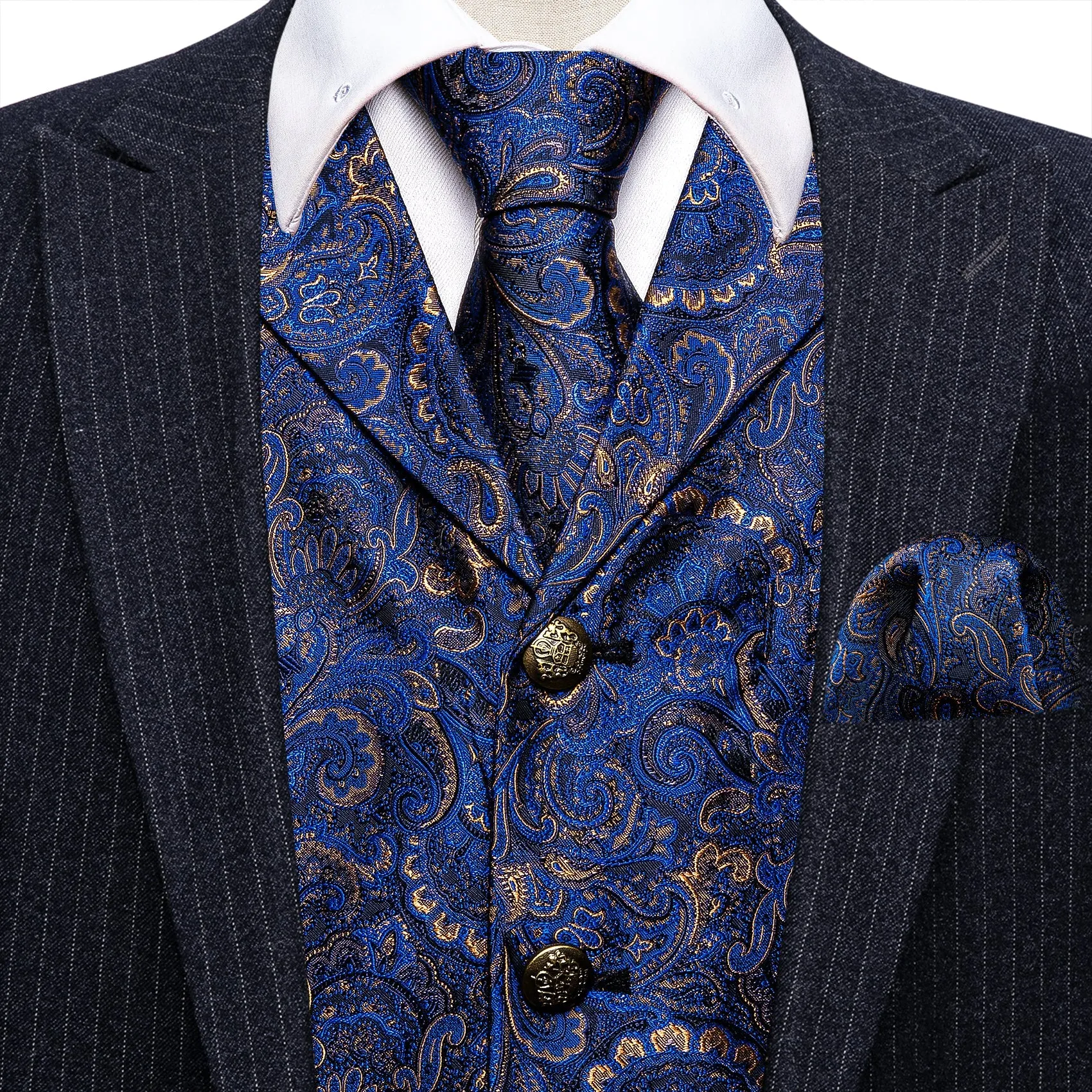 Royal Blue Paisley Metal Button Jacquard Silk Men's Vest Hanky Cufflinks Tie Set