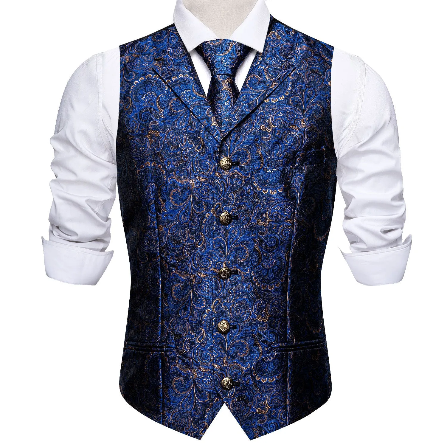 Royal Blue Paisley Metal Button Jacquard Silk Men's Vest Hanky Cufflinks Tie Set