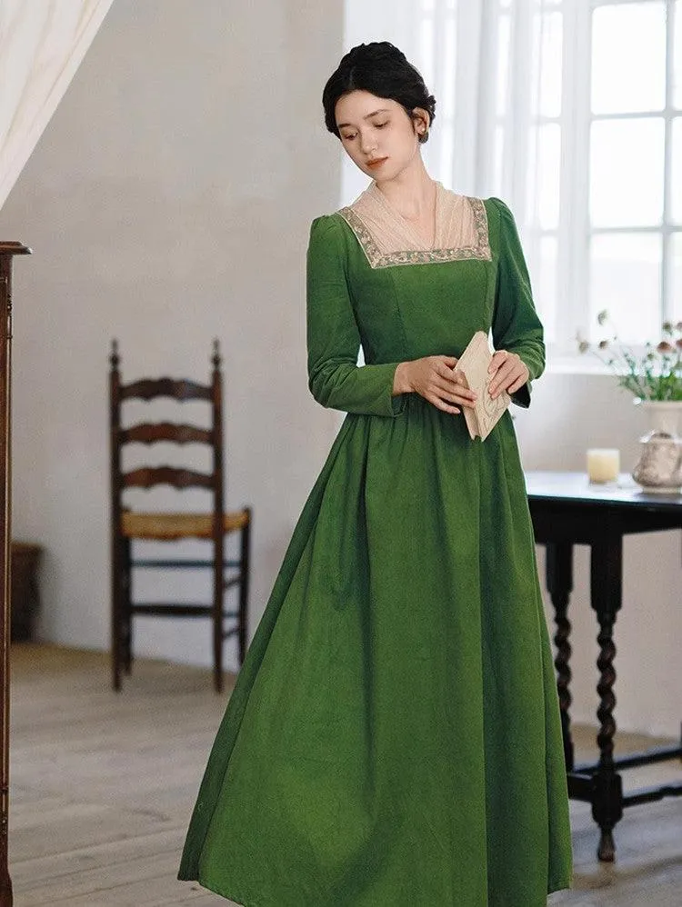 Royalcore Square Collar Green Dress