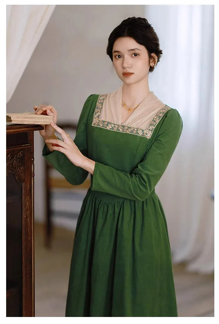 Royalcore Square Collar Green Dress