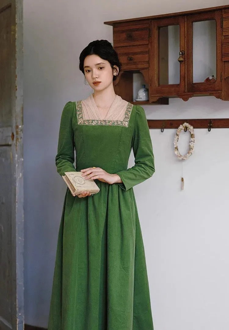 Royalcore Square Collar Green Dress