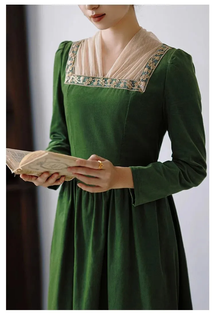 Royalcore Square Collar Green Dress