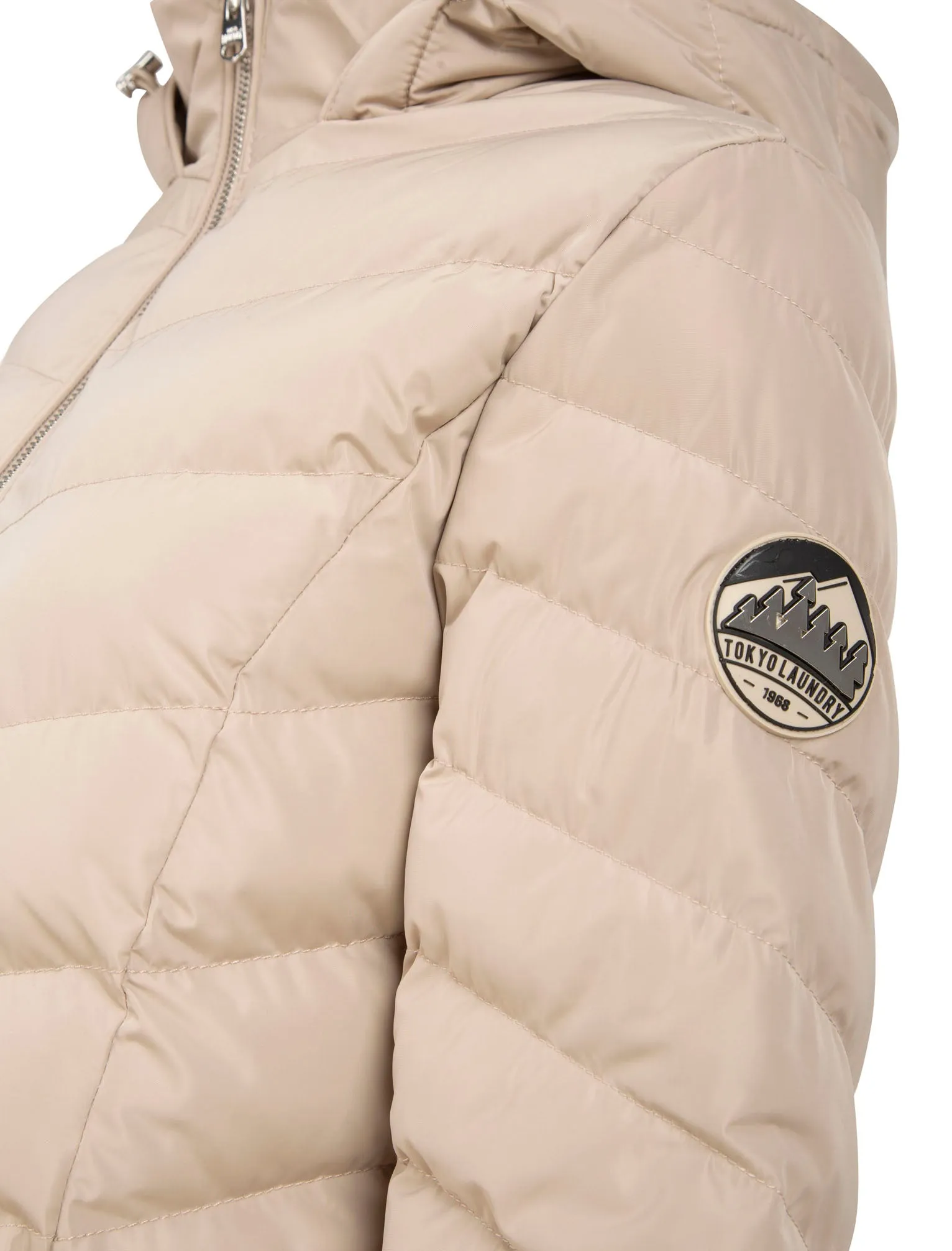 Safflower 2 Longline Quilted Puffer Coat with Hood In Stone - Tokyo Laundry