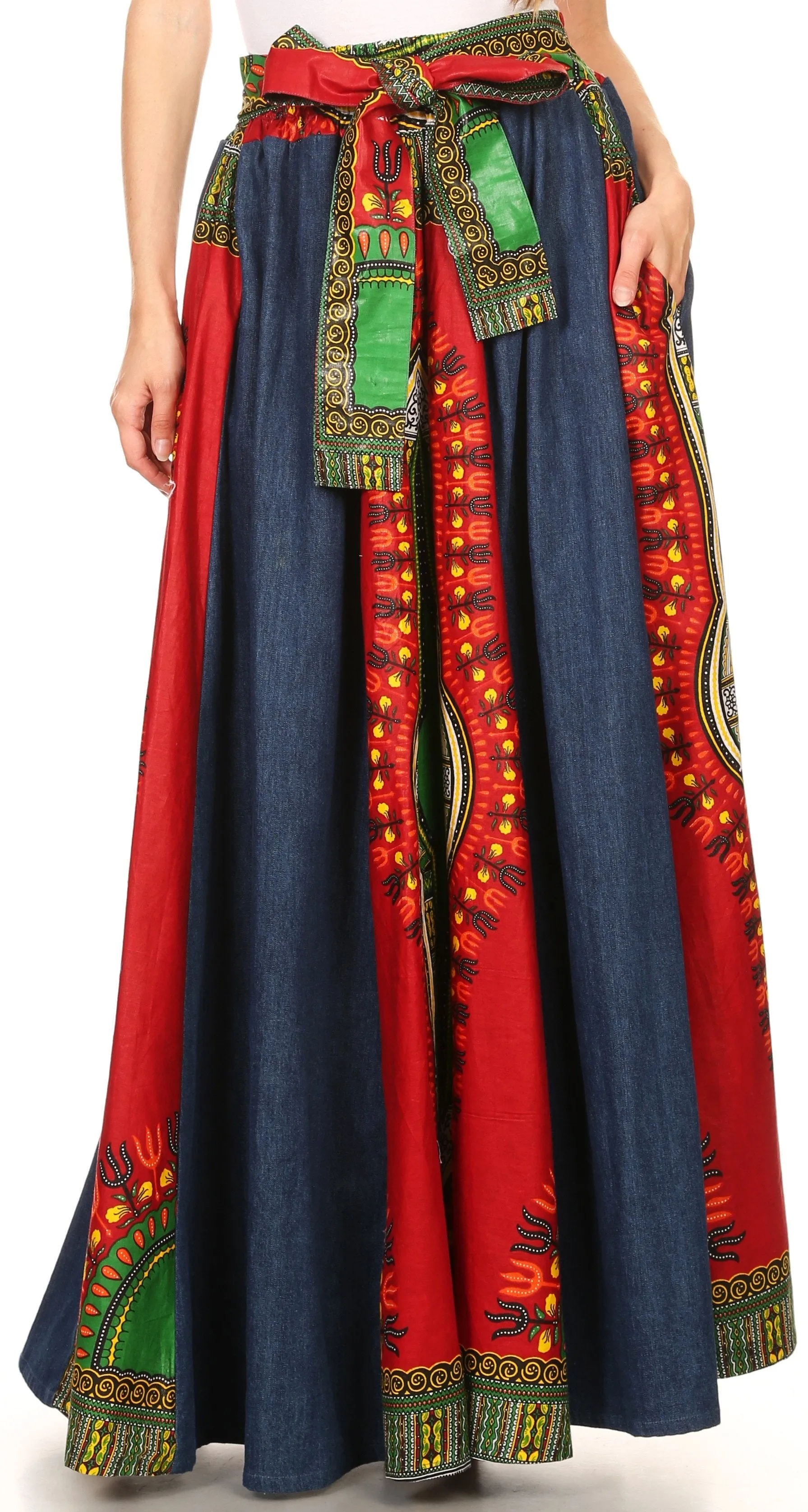 Sakkas Marah Tribal Ankara Wax Print and Denim Convertible Maxi Skirt