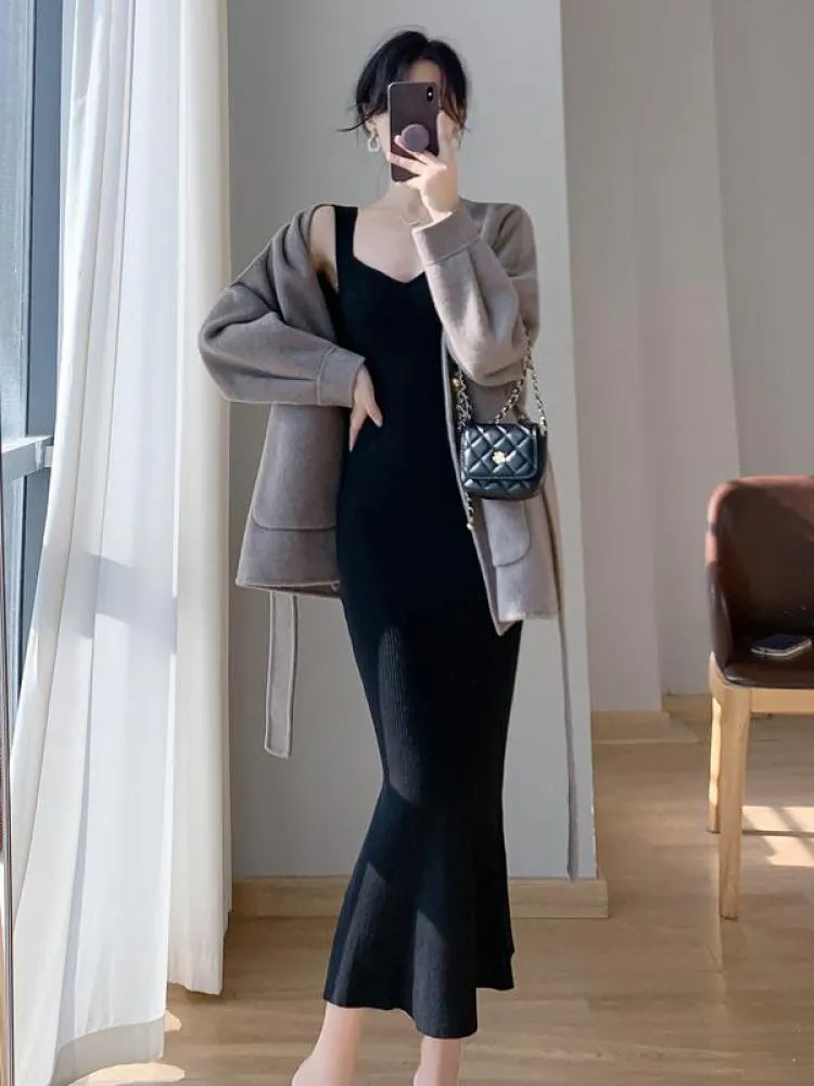 sealbeer Korea Summer New Women White Elegant V-neck Knit Slip Long Dress French Black Sexy Club Slim Prom Evening Party Fishtail Dresses