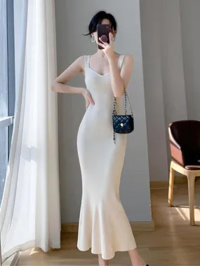 sealbeer Korea Summer New Women White Elegant V-neck Knit Slip Long Dress French Black Sexy Club Slim Prom Evening Party Fishtail Dresses