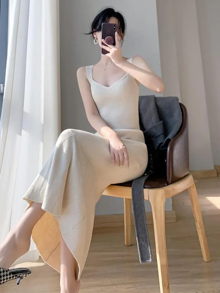 sealbeer Korea Summer New Women White Elegant V-neck Knit Slip Long Dress French Black Sexy Club Slim Prom Evening Party Fishtail Dresses