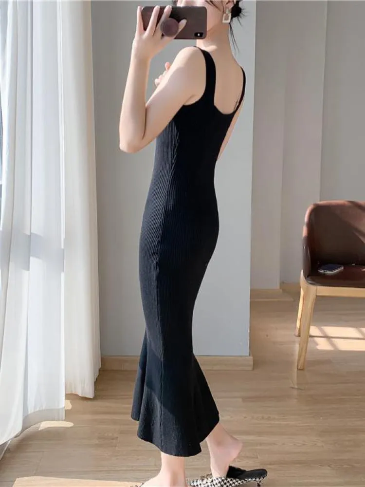 sealbeer Korea Summer New Women White Elegant V-neck Knit Slip Long Dress French Black Sexy Club Slim Prom Evening Party Fishtail Dresses