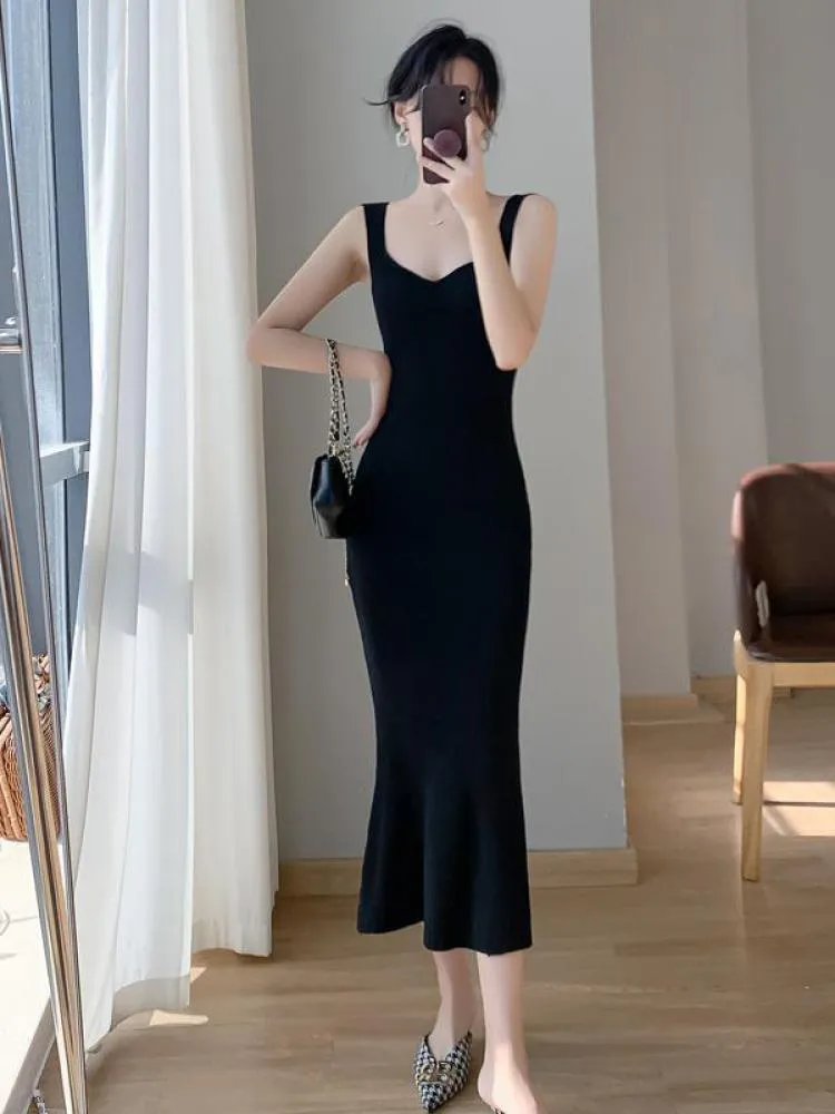 sealbeer Korea Summer New Women White Elegant V-neck Knit Slip Long Dress French Black Sexy Club Slim Prom Evening Party Fishtail Dresses