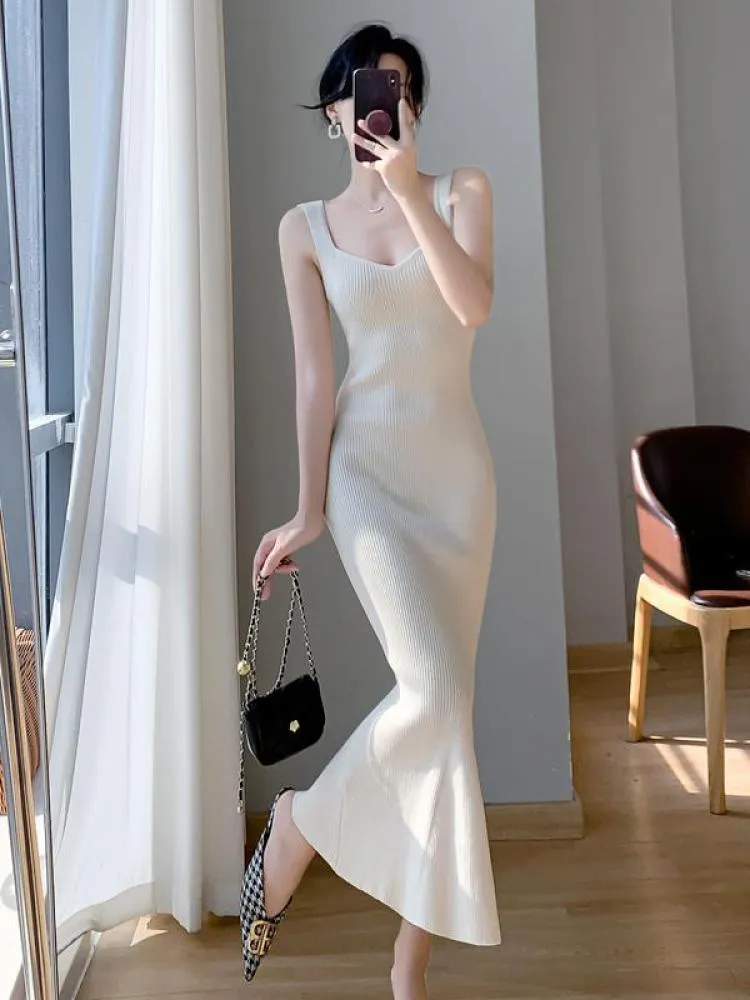 sealbeer Korea Summer New Women White Elegant V-neck Knit Slip Long Dress French Black Sexy Club Slim Prom Evening Party Fishtail Dresses