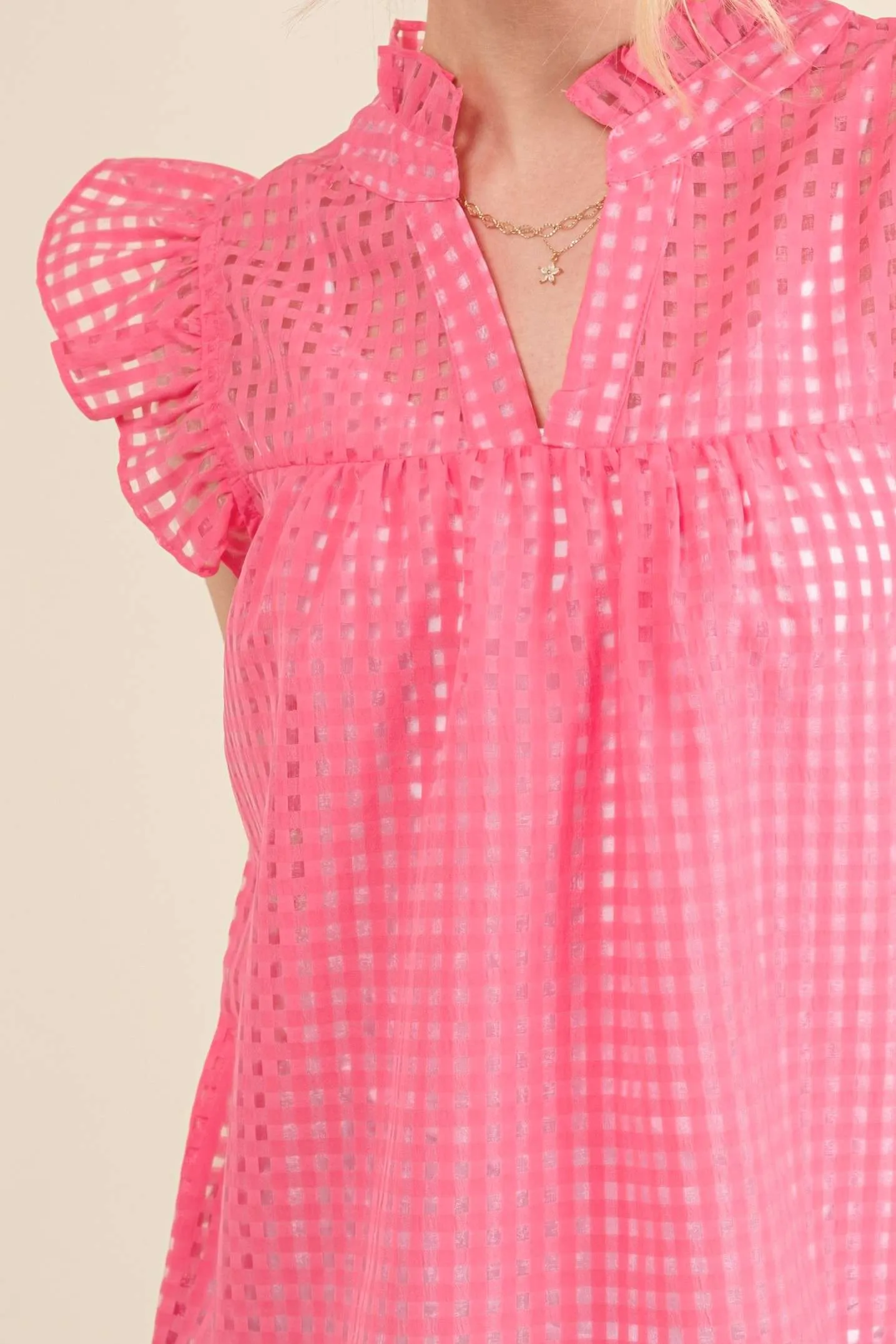 Sheer Gridded Baby Doll Ruffled Top - Pink