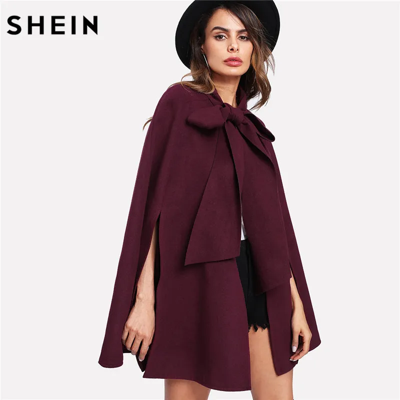 SHEIN Elegant Woman Fall Coat Korean Fashion Clothing for Womens Burgundy Long Sleeve Slit Back Tied Front Cape Coat