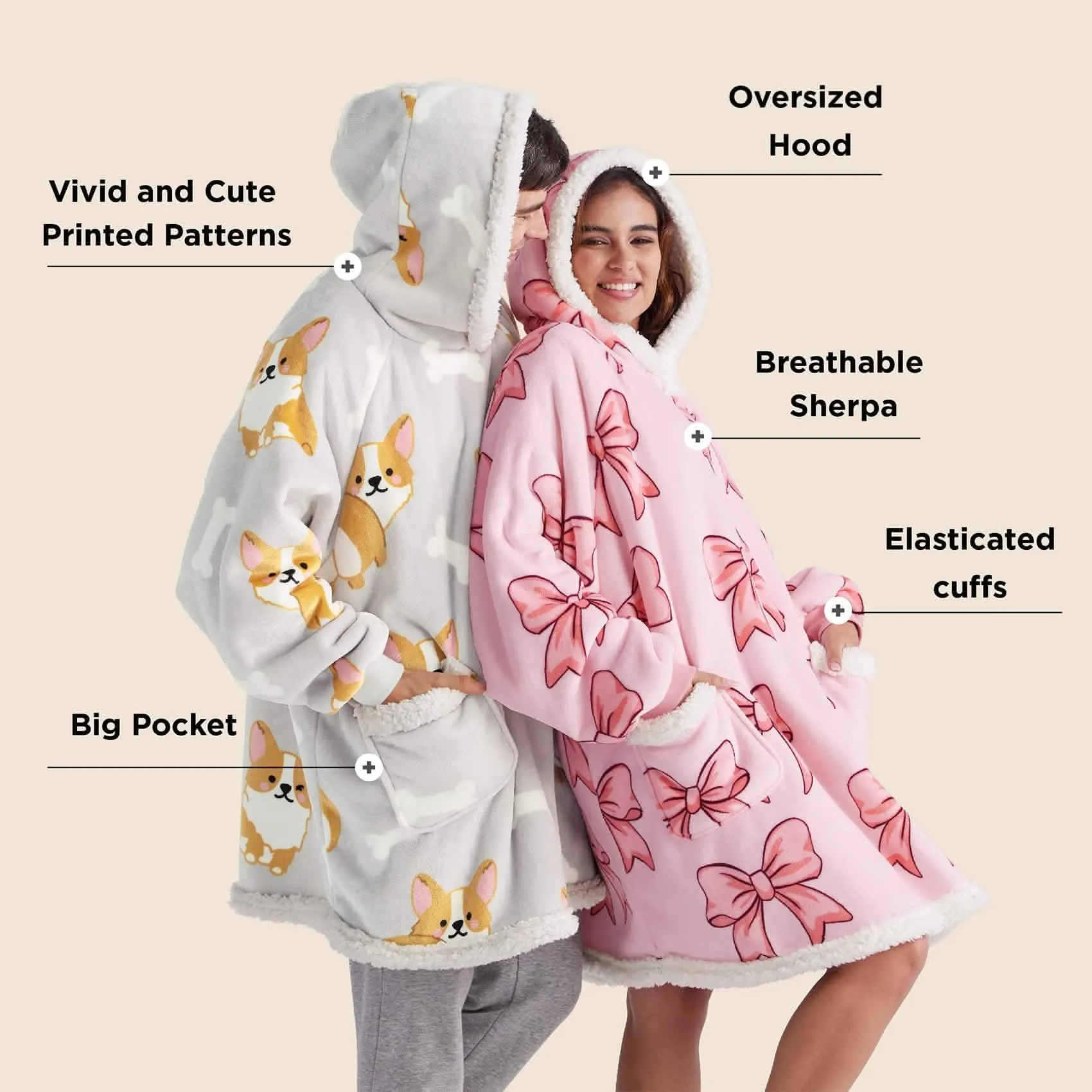 Sherpa Fleece Printed Short Wearable Blanket Hoodie Pink