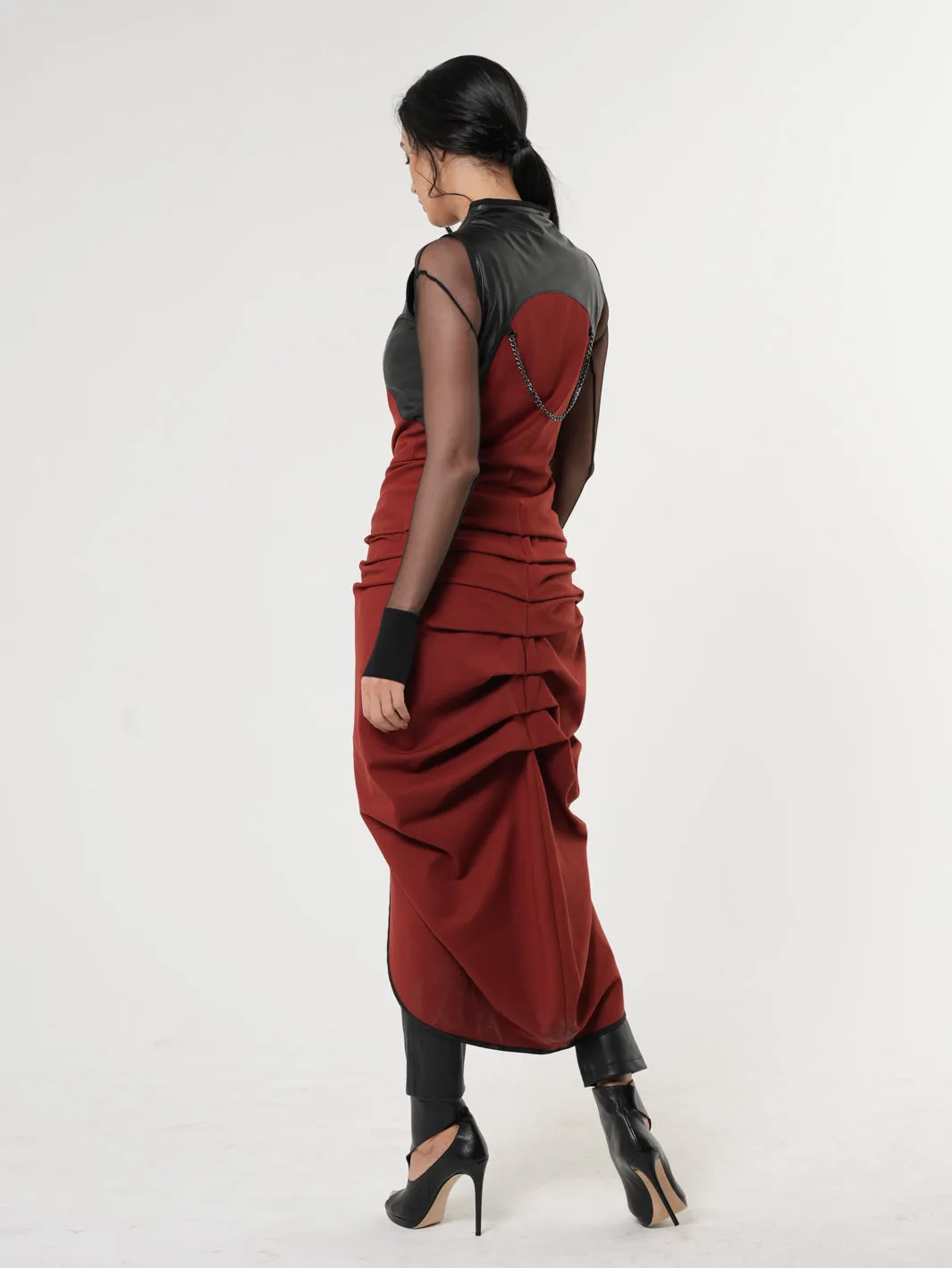 Sleeveless Long Vest With Leather Accent