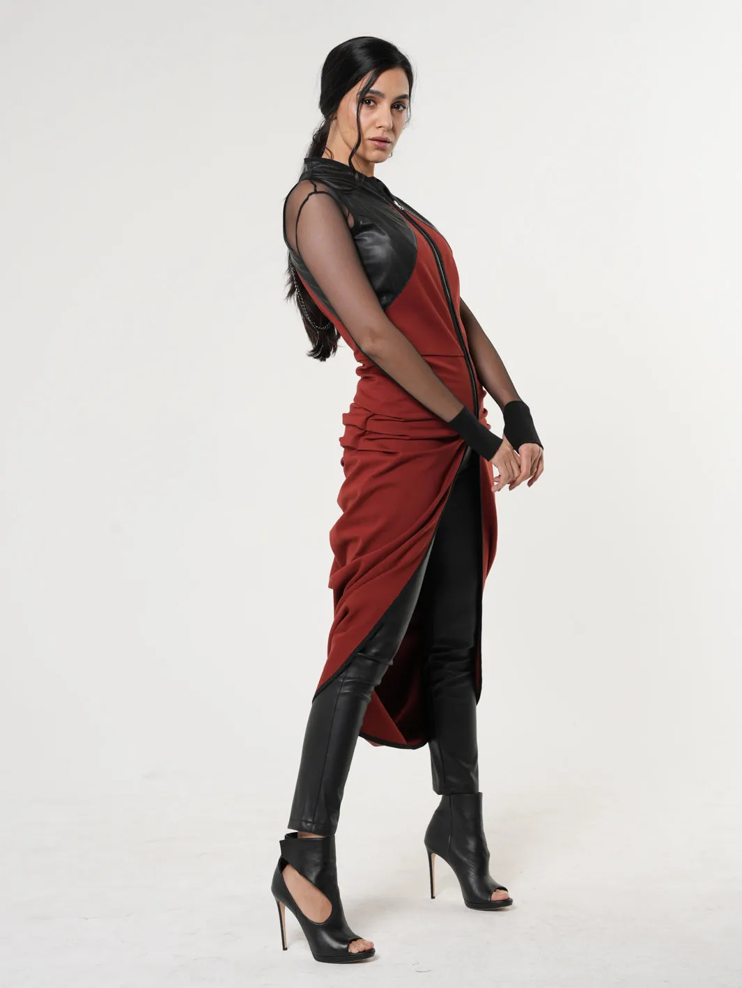 Sleeveless Long Vest With Leather Accent