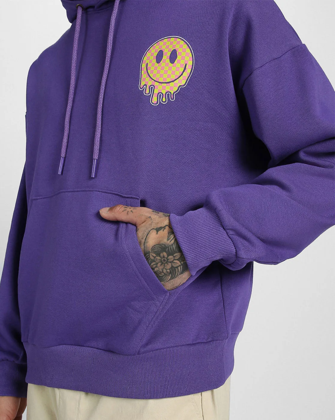 Smile Purple Oversized Pocket Graphic Printed Hoodie