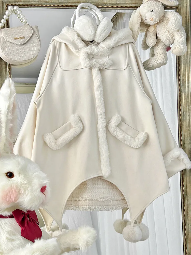 Snow Country Girl Fur Collar Hooded Cute Fur Ball Cape Loose Woolen Coat