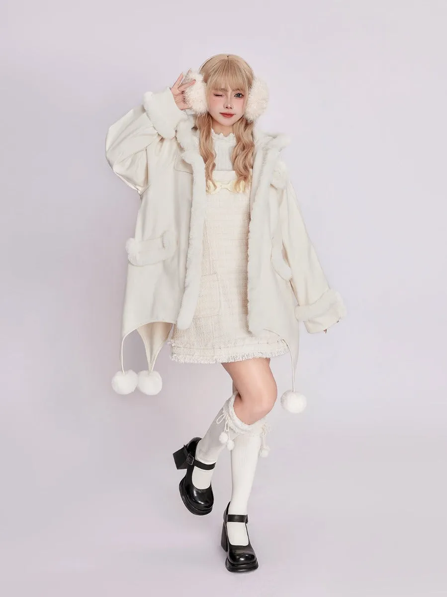 Snow Country Girl Fur Collar Hooded Cute Fur Ball Cape Loose Woolen Coat