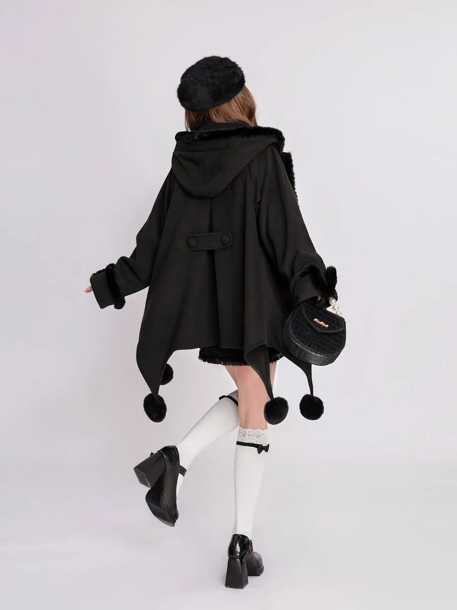 Snow Country Girl Fur Collar Hooded Cute Fur Ball Cape Loose Woolen Coat