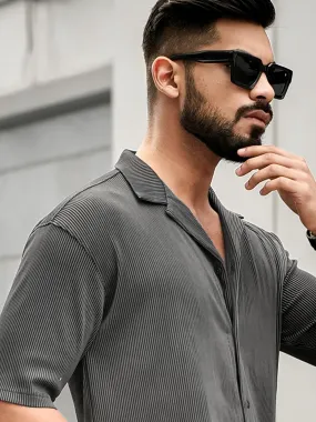 Stripe Textured Grey Half Sleeve Shirt