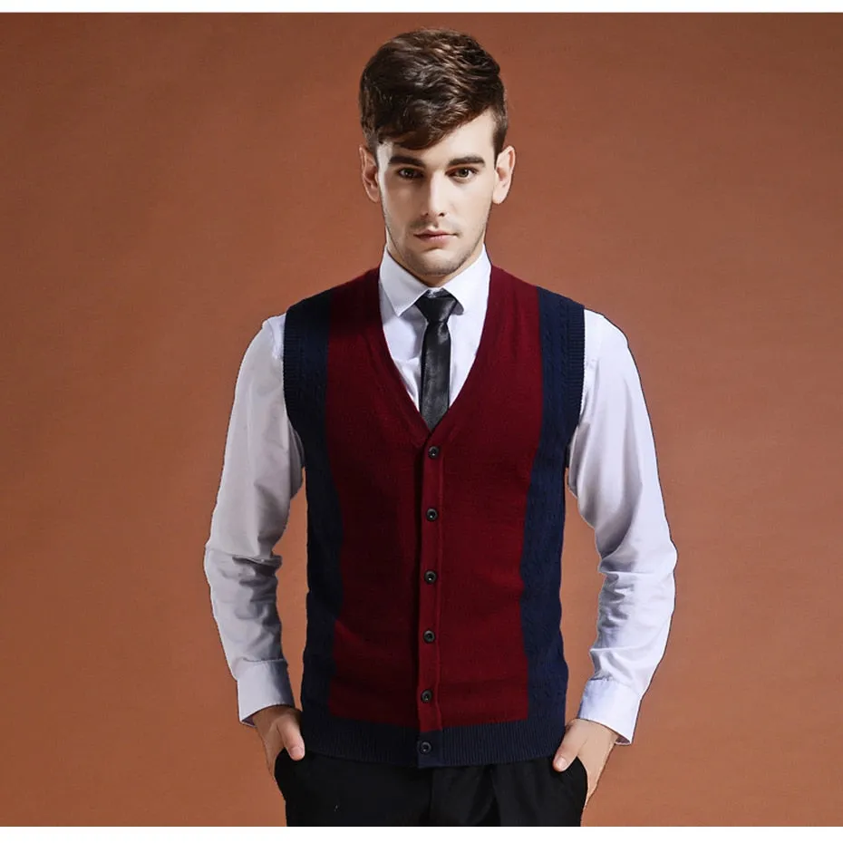 Sweater Cardigan Buttons Down Knit Jacket Vest for Men Sleeveless Wool Stylish Fashion Patchwork Red Grey 2018