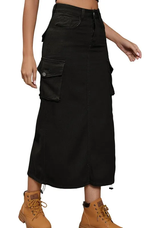 TEEK - DRAWSTRING SIDE RUCHED DENIM LONG SKIRT