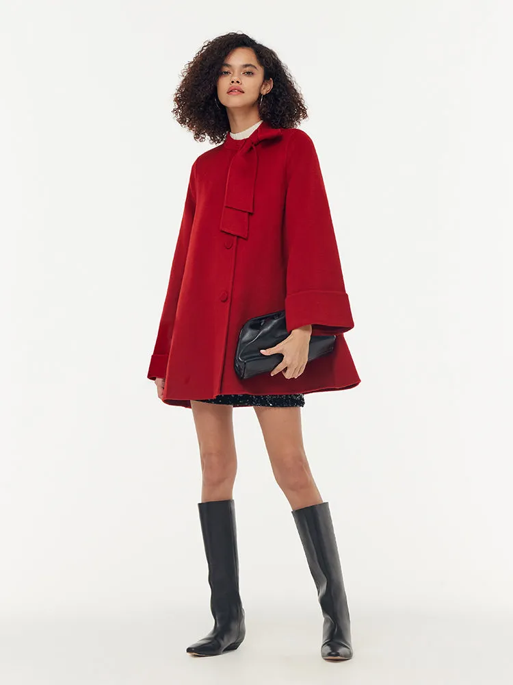 Tencel Wool Women Coat With Detachable Bowknot