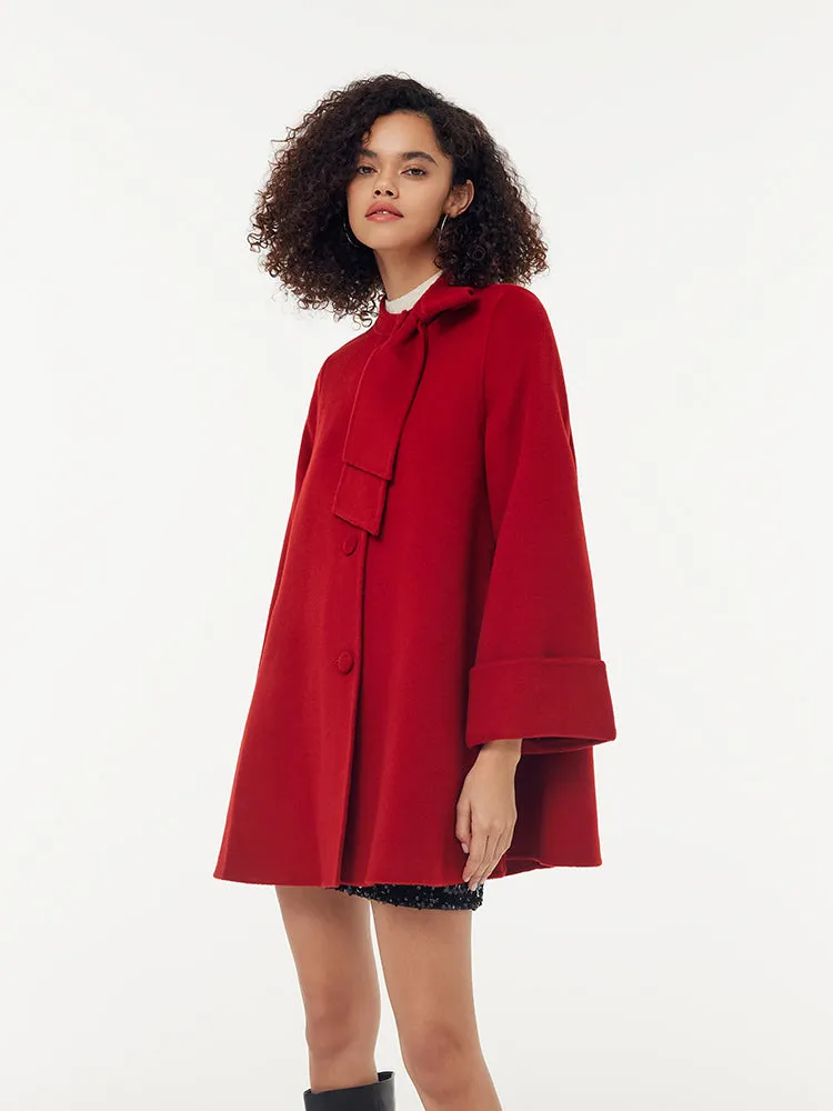 Tencel Wool Women Coat With Detachable Bowknot