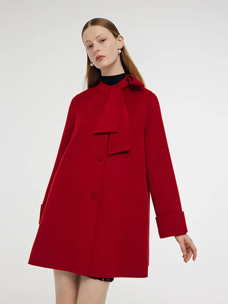 Tencel Wool Women Coat With Detachable Bowknot