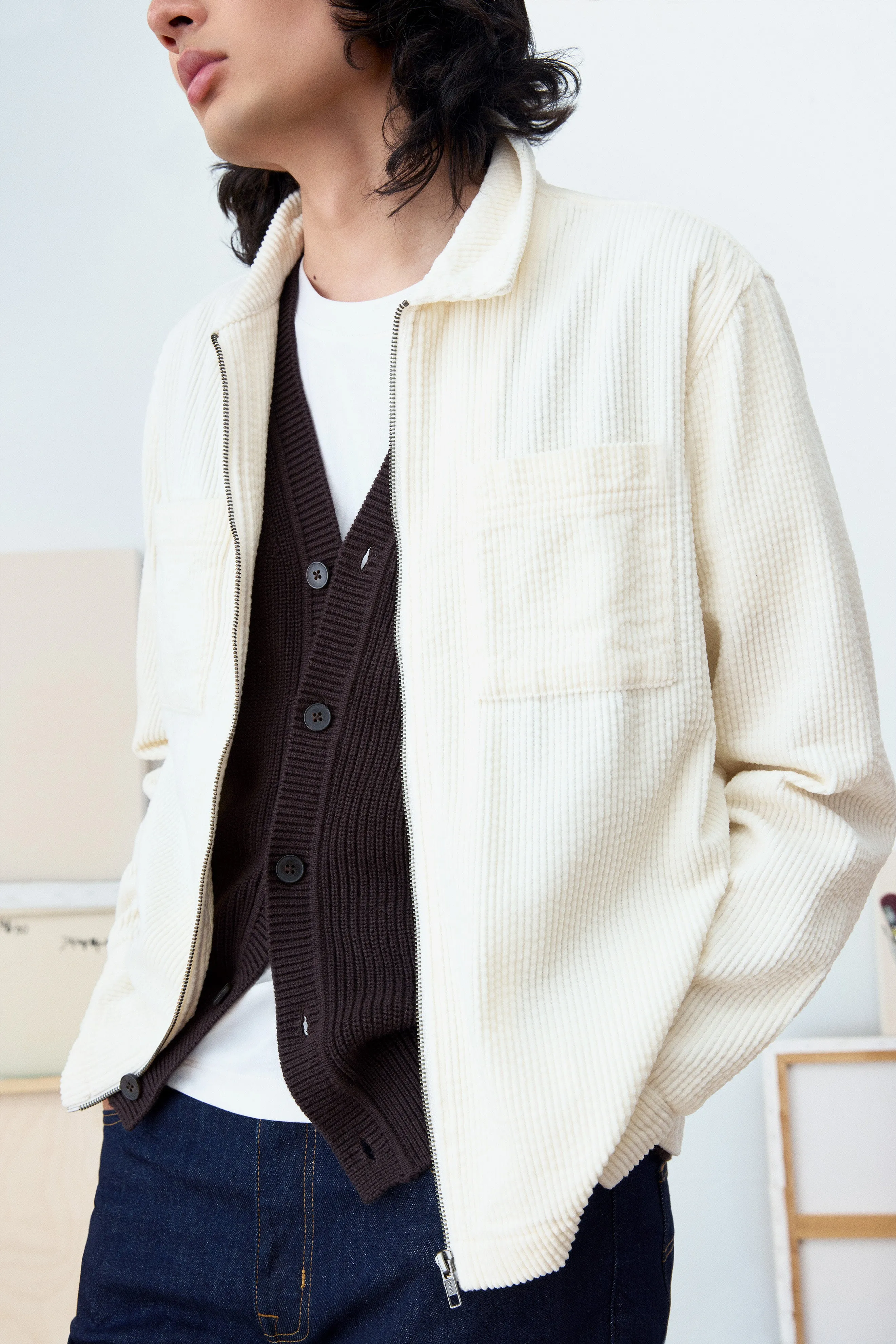 The Corduroy Zip Up Shirt in Off White