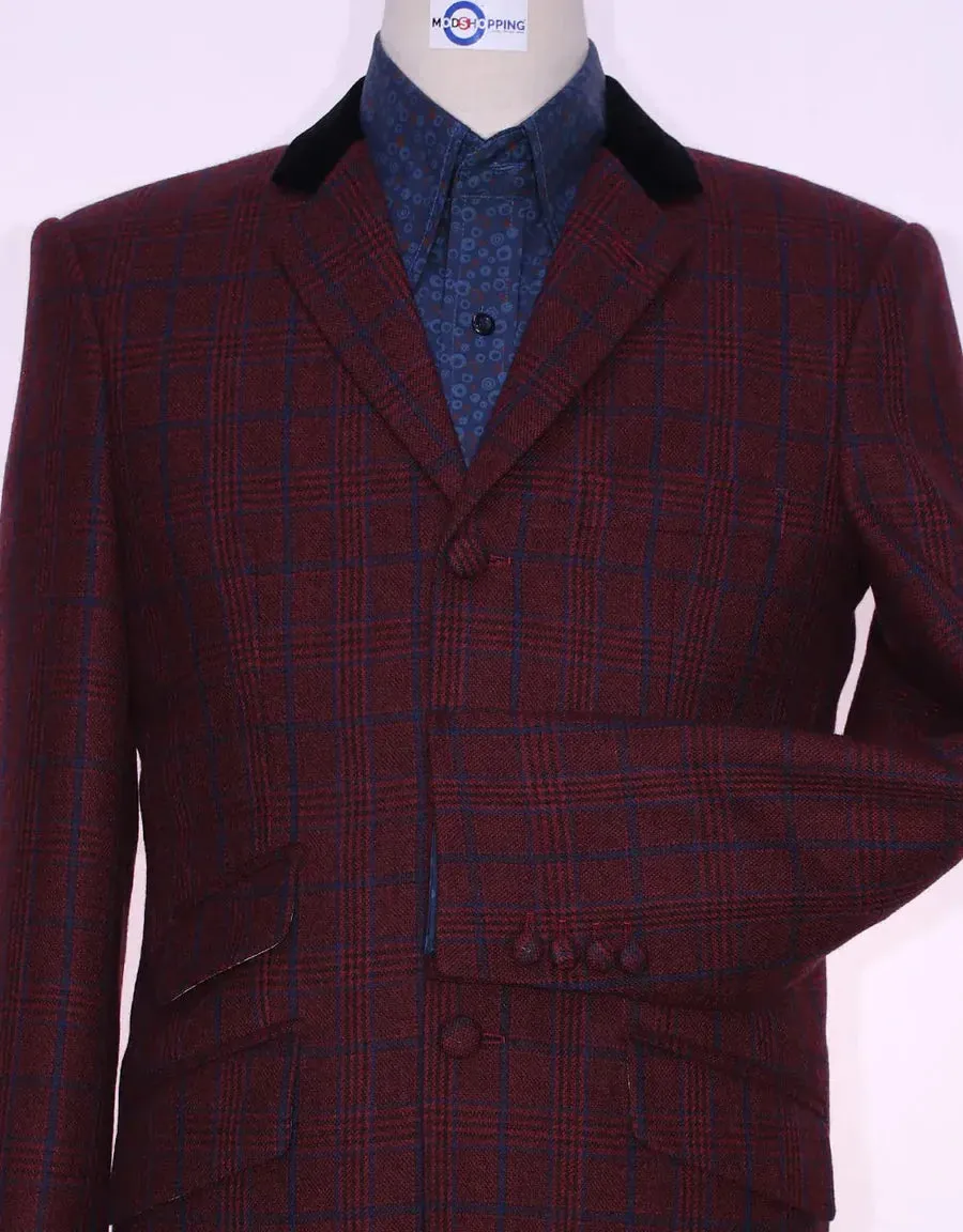 This Jacket Only | Burgundy Prince Of Wales Check Tweed Jacket Size 38R