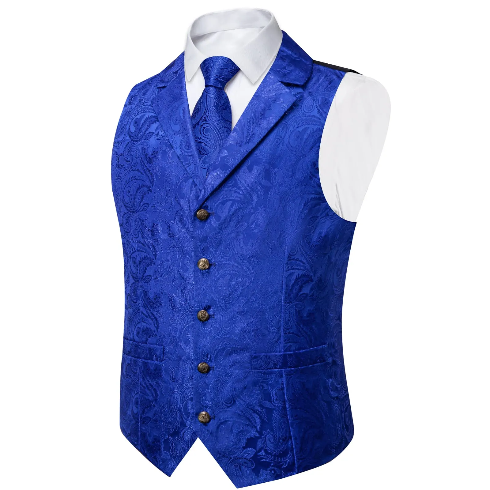 Ties2you Dress Vest Royal Blue Paisley Notched Collar Silk Mens Waistcoat Tie Set