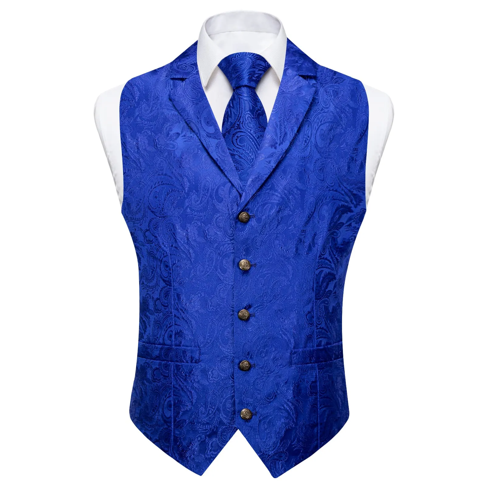 Ties2you Dress Vest Royal Blue Paisley Notched Collar Silk Mens Waistcoat Tie Set