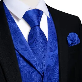 Ties2you Dress Vest Royal Blue Paisley Notched Collar Silk Mens Waistcoat Tie Set