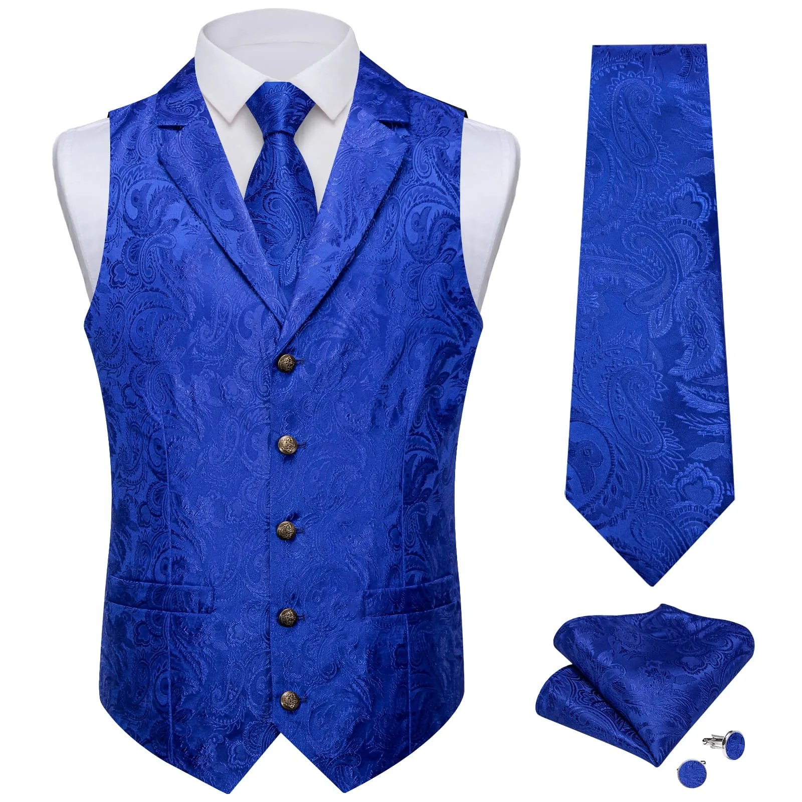 Ties2you Dress Vest Royal Blue Paisley Notched Collar Silk Mens Waistcoat Tie Set