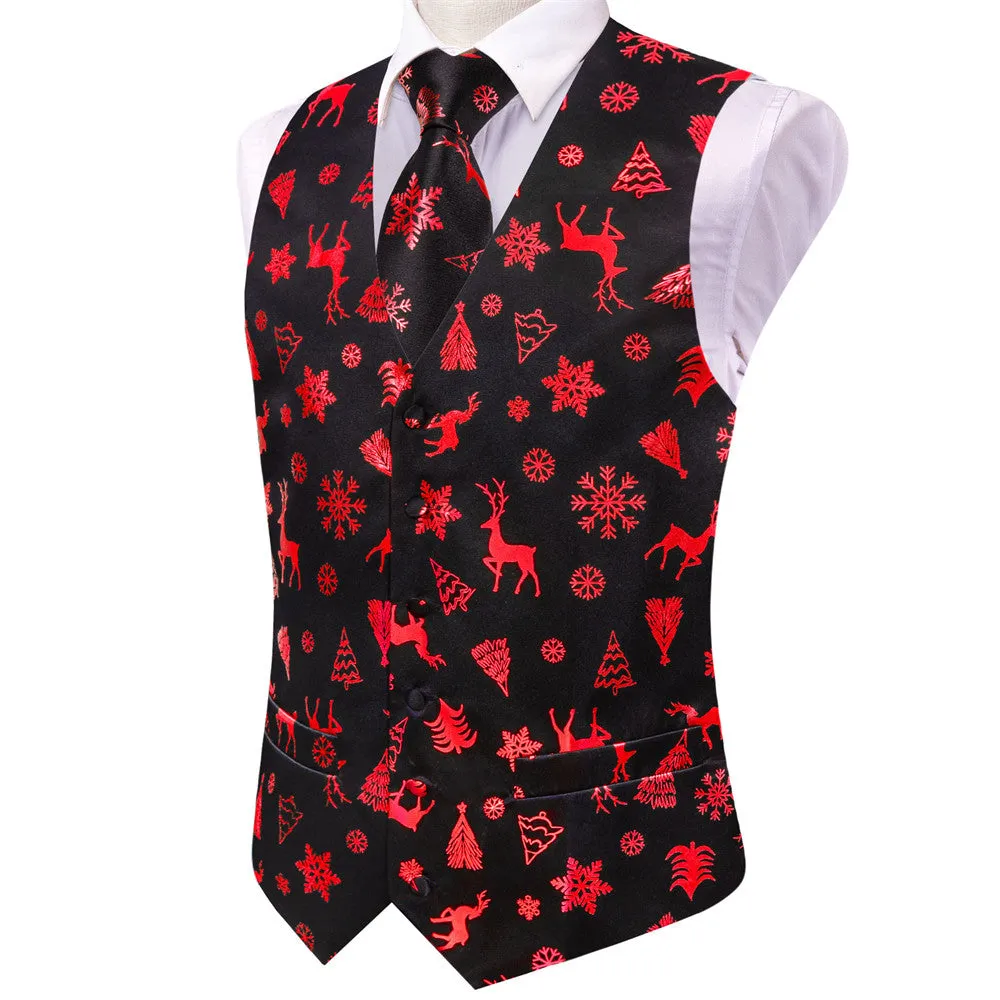 Ties2you Mens Silk Waistcoat Black Red Christmas Elements Vest Necktie Set