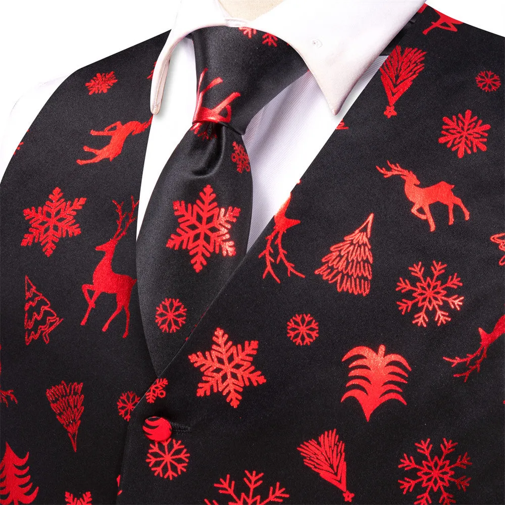 Ties2you Mens Silk Waistcoat Black Red Christmas Elements Vest Necktie Set