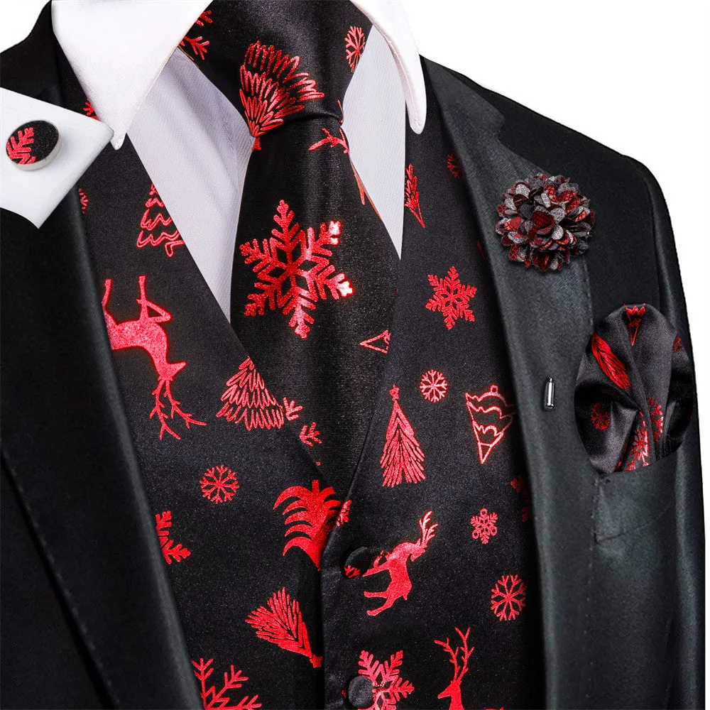 Ties2you Mens Silk Waistcoat Black Red Christmas Elements Vest Necktie Set