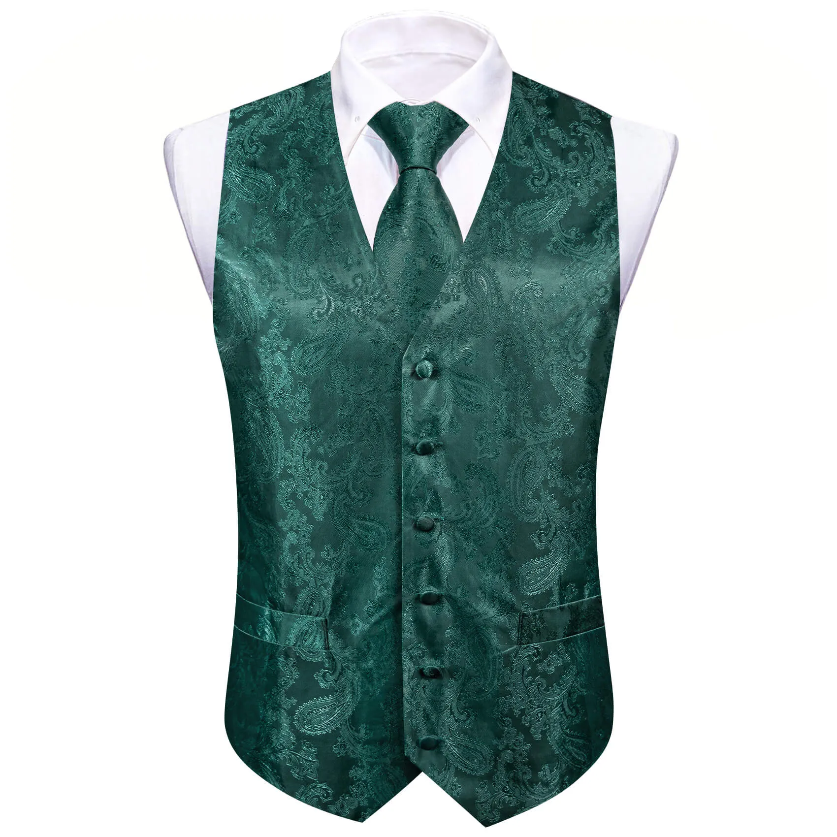 Ties2you Men's Vest Light Sapphire Pine Green Paisley Silk Vest Tie Bow Tie Set 5PC