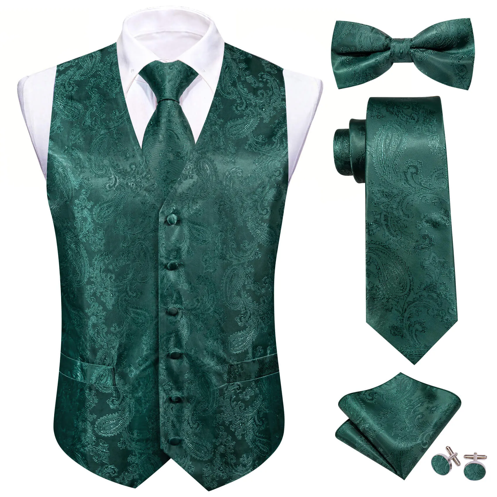 Ties2you Men's Vest Light Sapphire Pine Green Paisley Silk Vest Tie Bow Tie Set 5PC