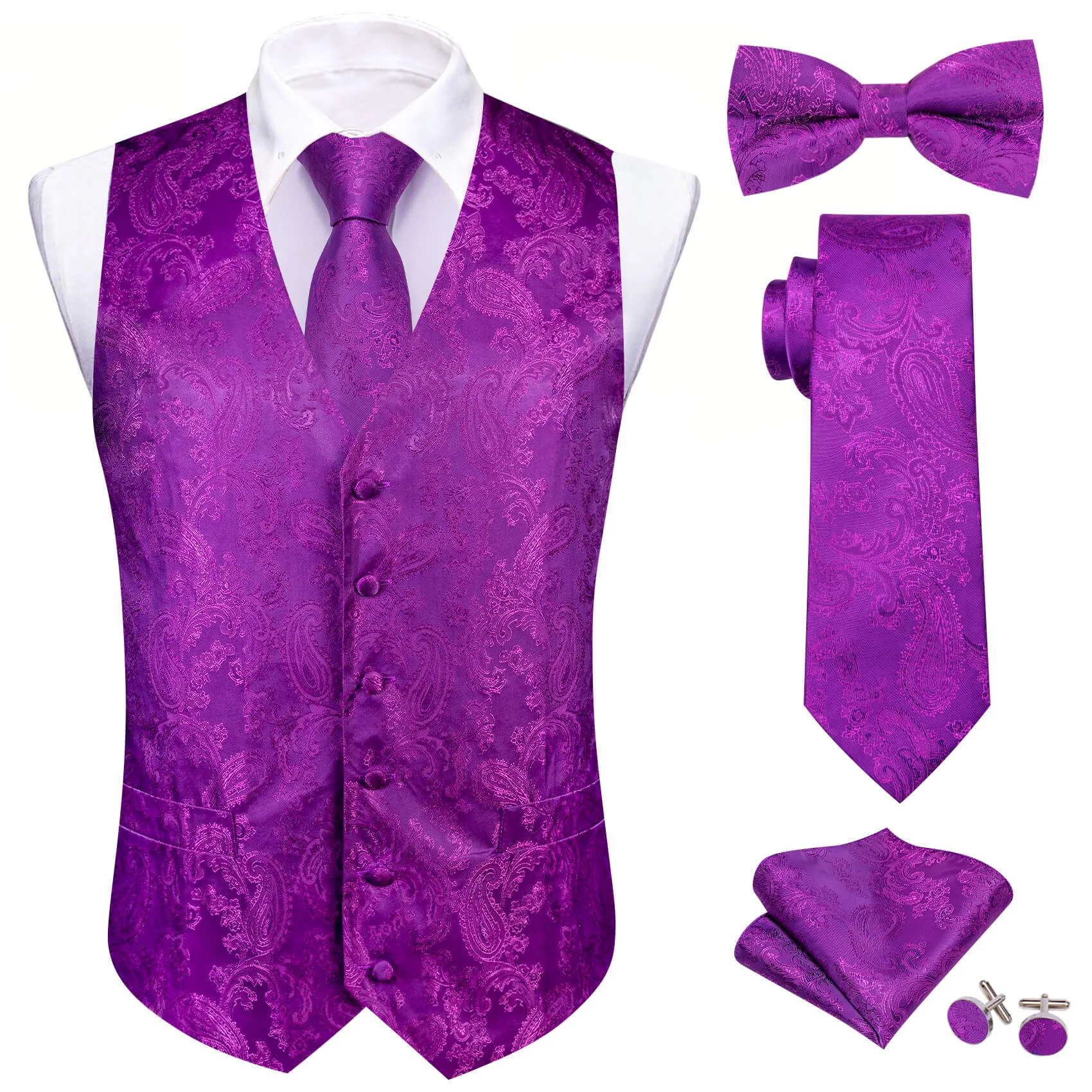 Ties2you Men's Vest Purple Paisley Silk Vest Tie Bow Tie Set 5PC