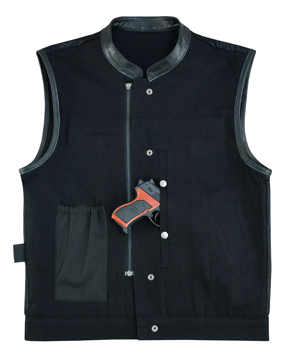 Vance Denim Black Club Vest with Leather Trims