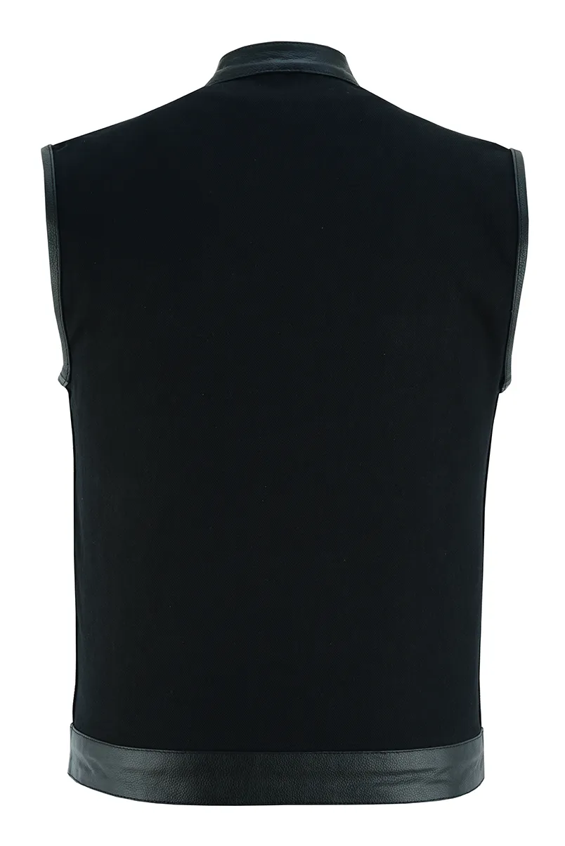 Vance Denim Black Club Vest with Leather Trims