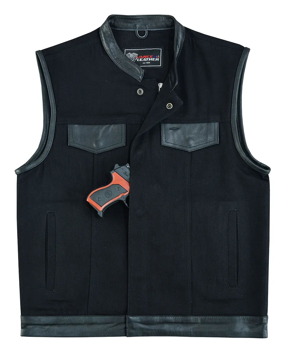 Vance Denim Black Club Vest with Leather Trims