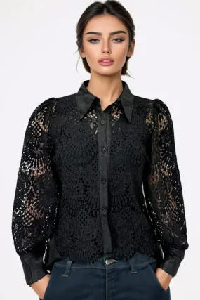 W5739 BLACK LACE LONG-SLEEVE BUTTON-DOWN TOP