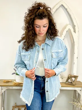 Washed Oversized Denim Chambray Jacket - Indigo